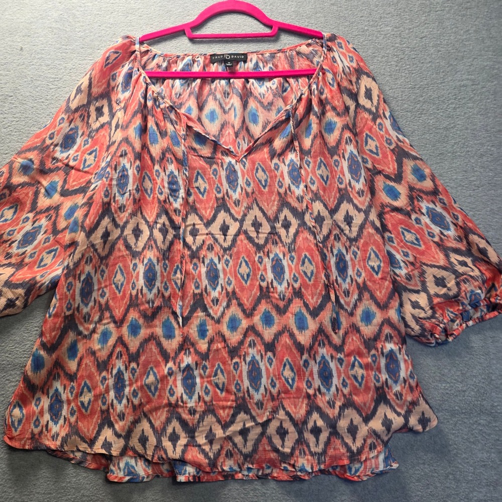 Fred David Boho Ikat Peasant Flowy Blouse Womens 1X Sheer Bell Sleeve